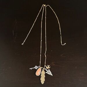 Gold Charm Necklace with Feather and Key Pendants